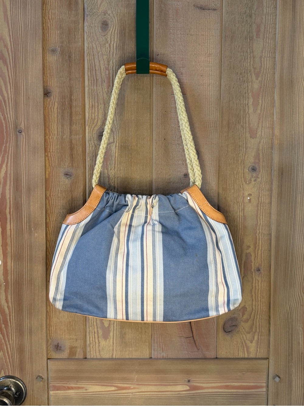 Fossil Blue Stripe Rope Handle Shoulder Bag Coastal Nautical Hobo Purse
